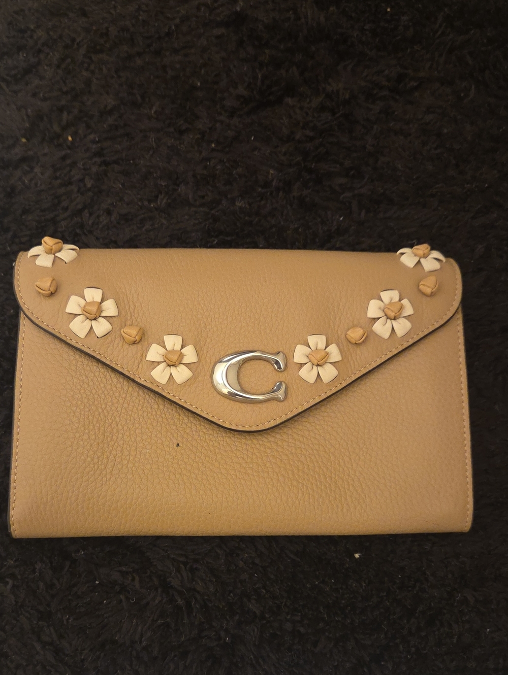 Coach Tan Leather Floral Appliqué Envelope Clutch with Silver 'C' Logo